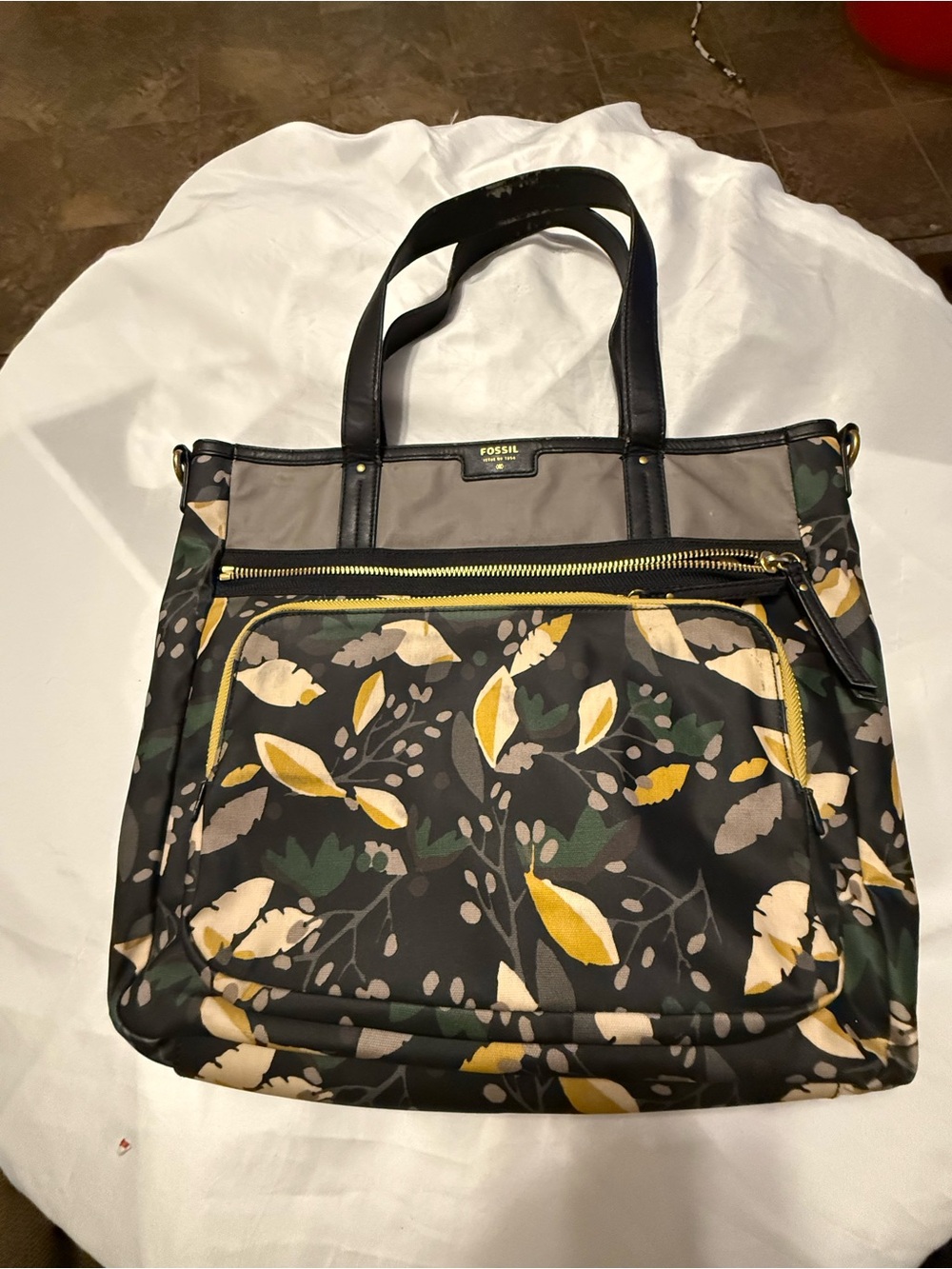 Fossil Women's Black Floral Weekender Tote Bag with Yellow Accents